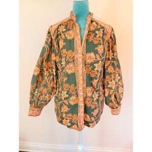 Cottagecore Floral Puff Sleeve Blouse Orange Ruffle Collar Boho Free People xs